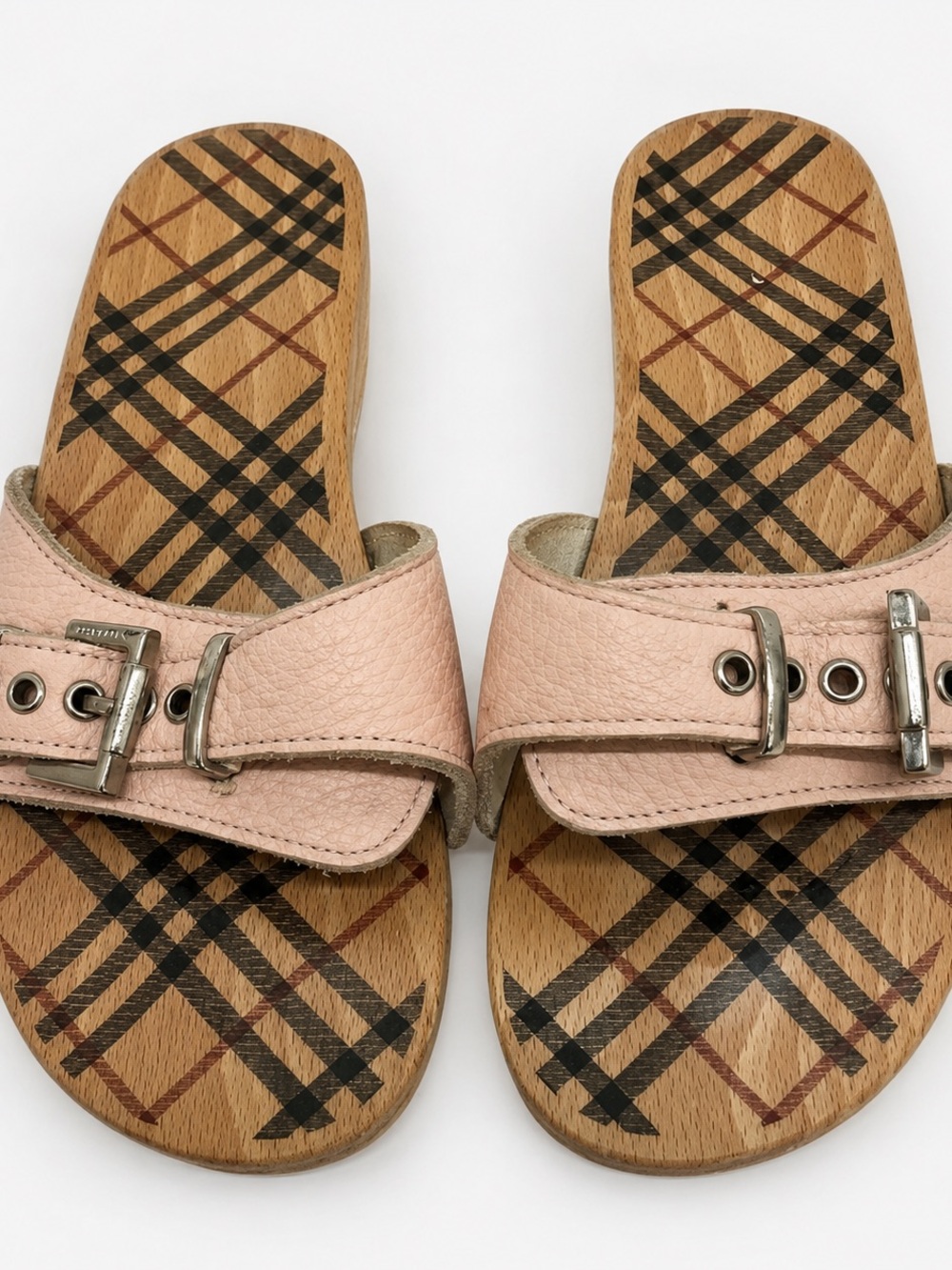 Vintage Burberry Pink Leather Buckle Slide Clog Sandals